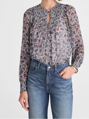 Women MADEWELL Floral light flowy bohemian Smocked Split Crewneck blouse large